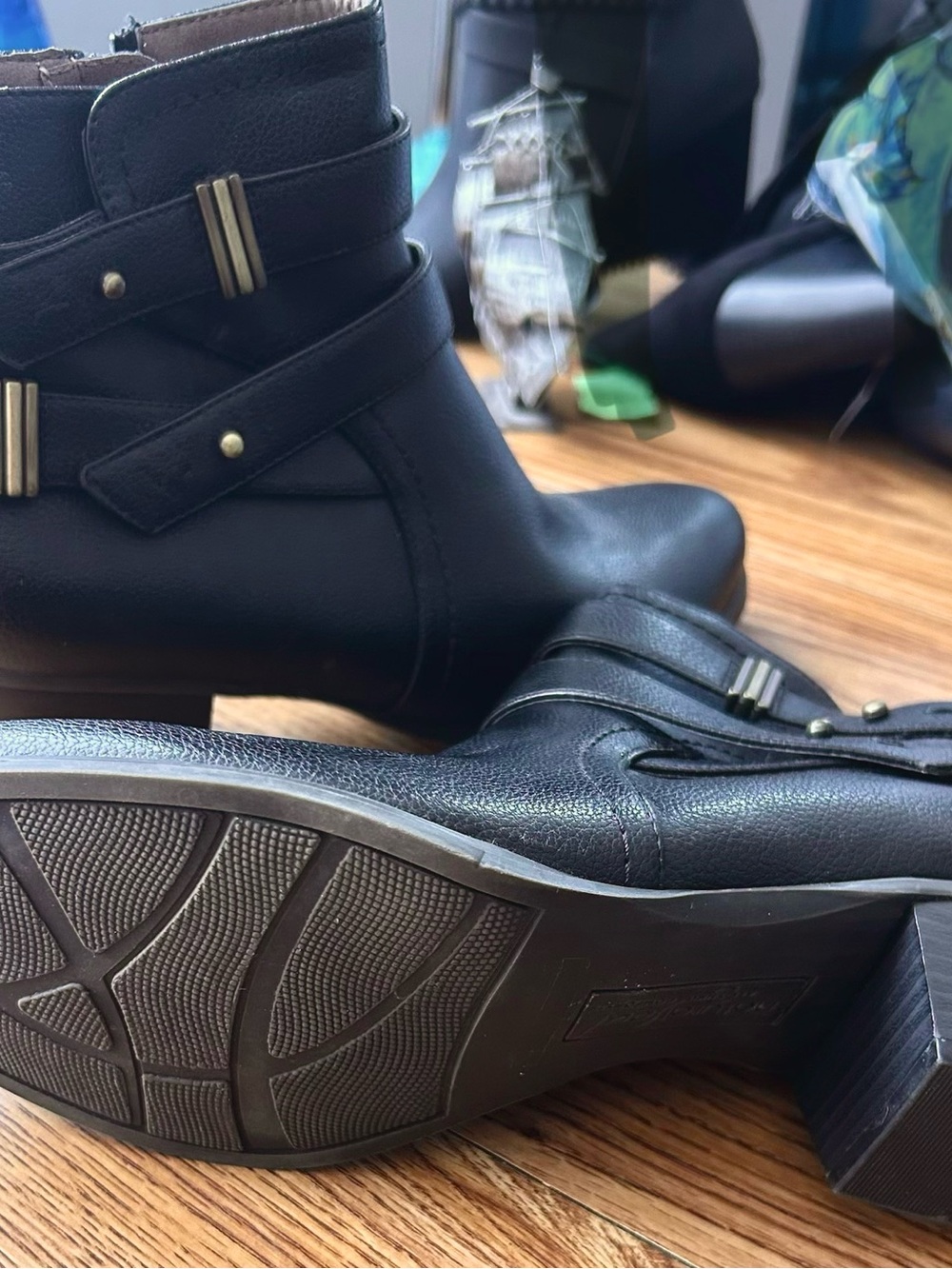 Natural Soul Black Ankle Boots with Gold Accents